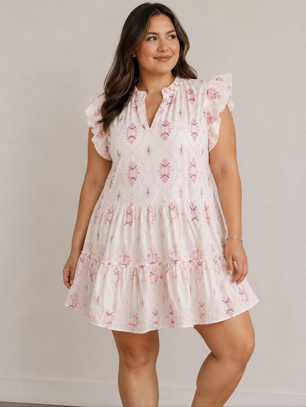 LEA Pink Peach Floral Embroidered Mini Dress Tiered Ruffle Sleeve Cotton XL